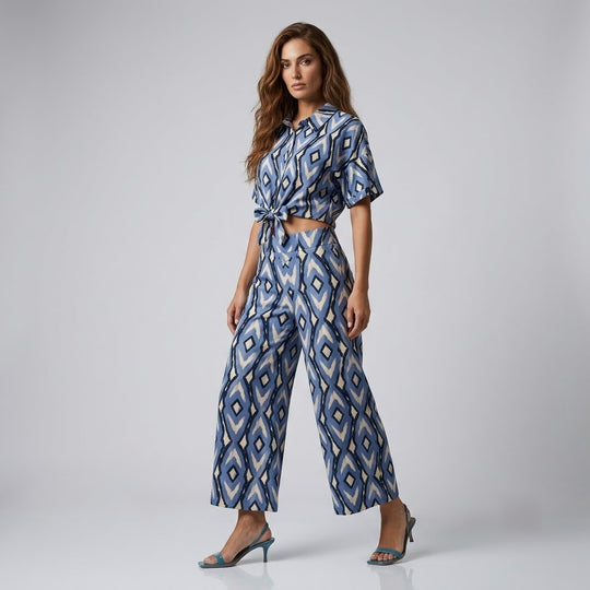 Hellblau Elfenbein PALAZZO-HOSE MIT SCHOSSCHEN, HOHE TAILLE - LETIZIA