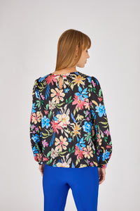 Blusa fantasia floreale multicolor con bottoncino sul retro