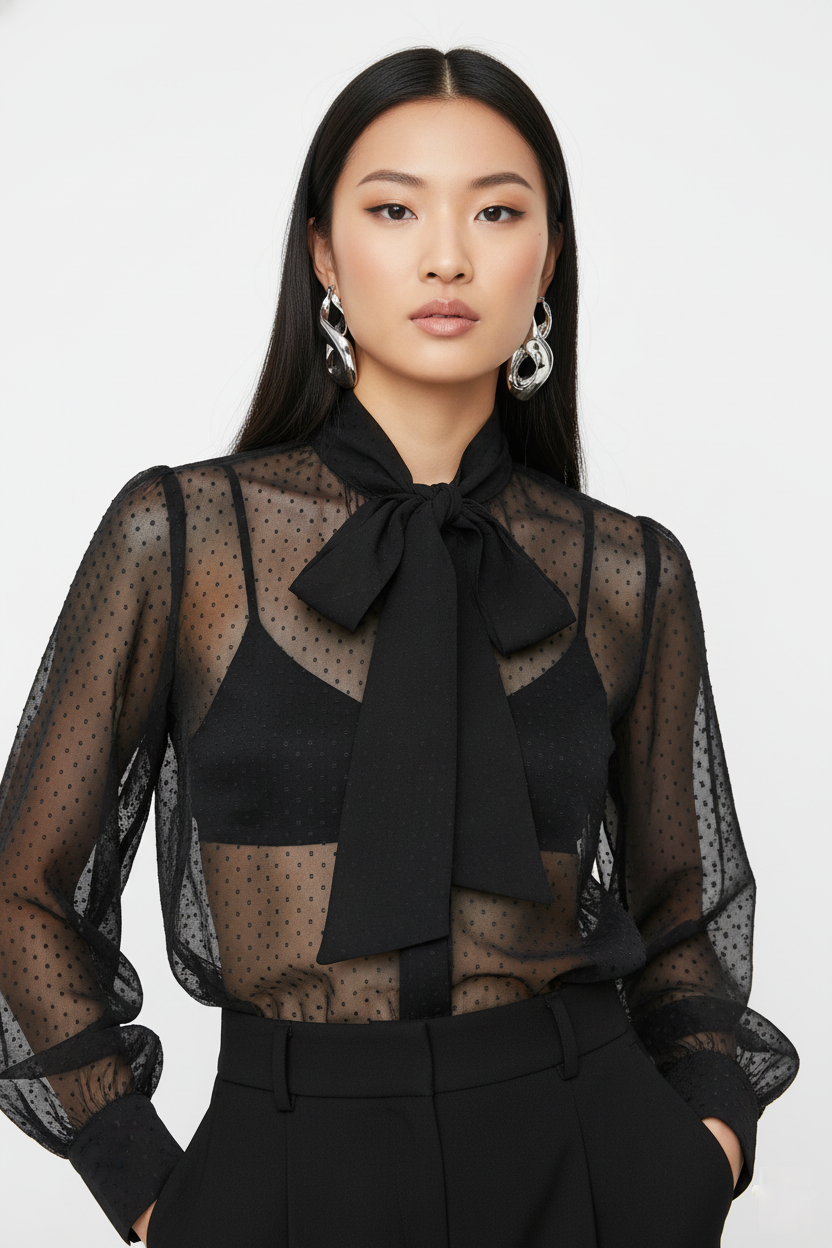 CAMICIA CON FIOCCO E TRASPARENZE