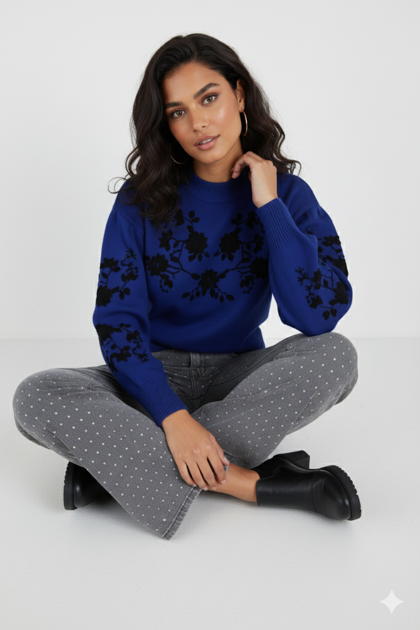 MAGLIA GIROCOLLO CON RICAMO FIORI