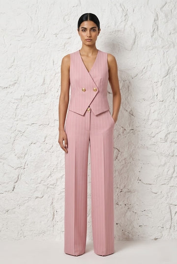 Rosa Creme HOCHTAILLIERTE HOSE MIT NADELSTREIFENMUSTER - CATHERINE