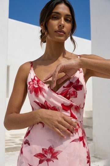 Puderrosa Rot MIDI-KLEID MIT SPAGHETTITRÄGERN UND WICKELOPTIK - GIGLIOLA